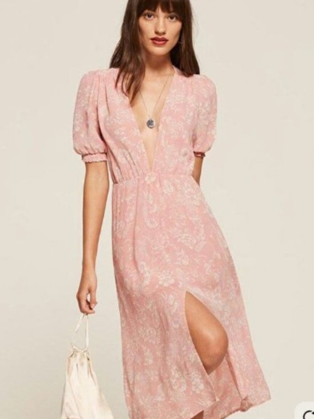 REFORMATION black/rose print midi dress: semi-sheer, V-neck, puff sleeves, sz 2